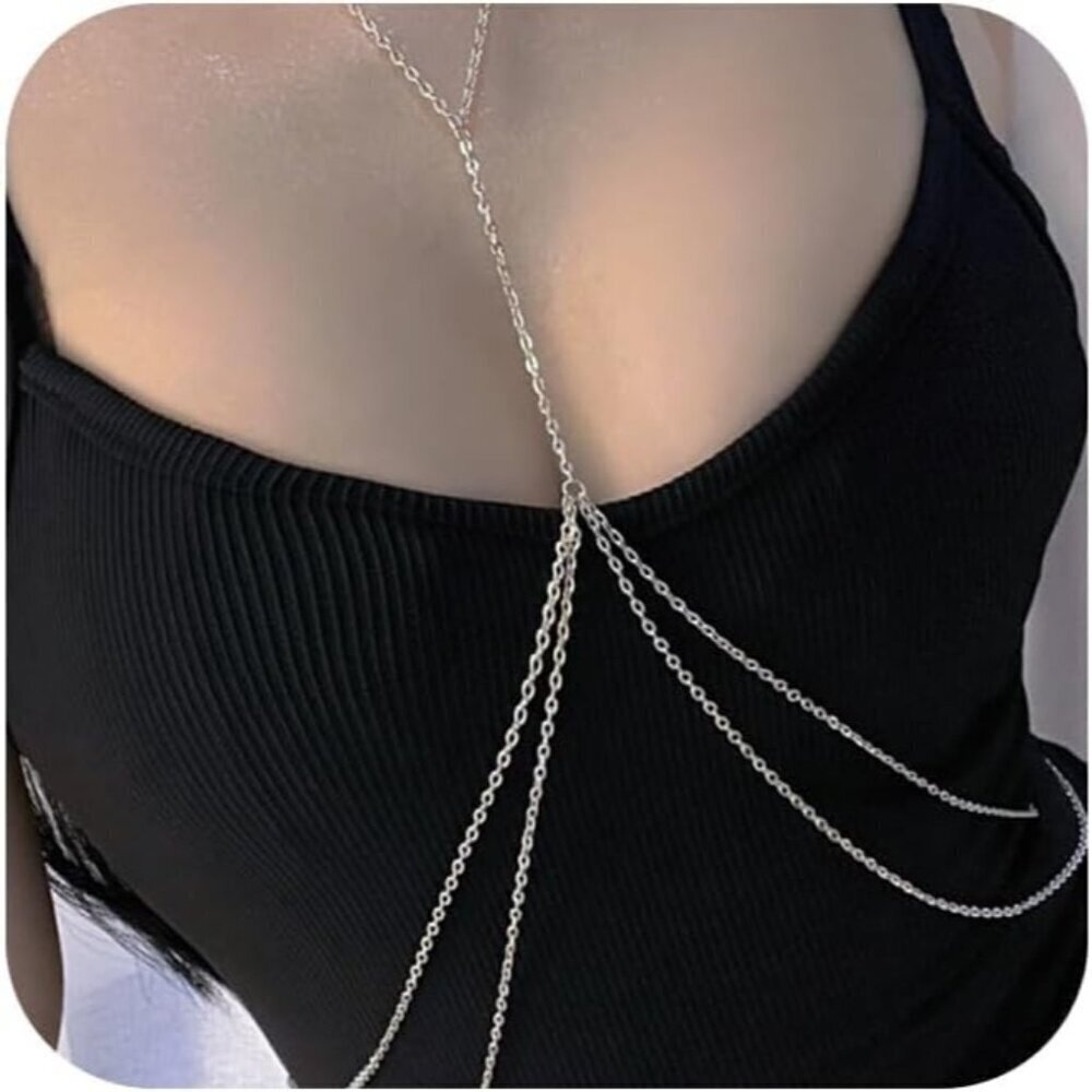 Women F2- Body Chain Rhinestone Silver Bra Lingerie Bikini Top Lingerie Chain